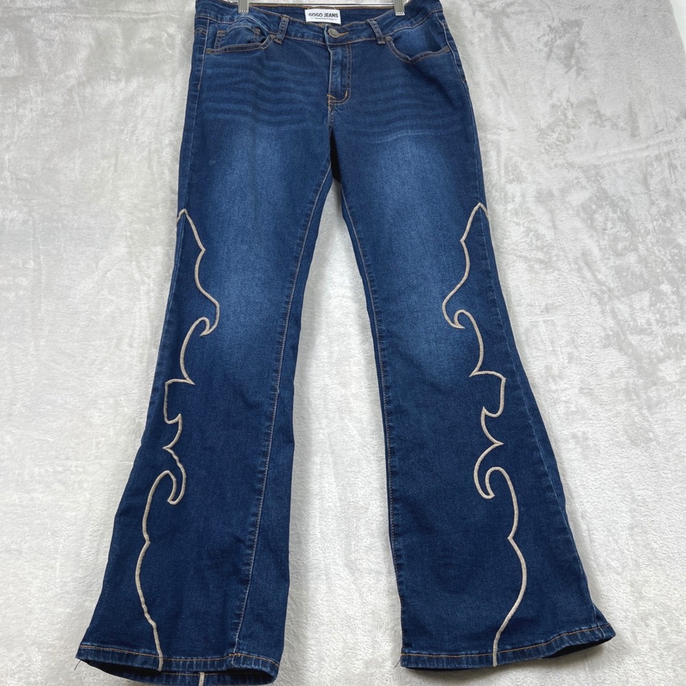 Gogo Jeans Womens Size 13/31 Dark Wash Embroidered Western Flare Leg Blue‎ Jeans